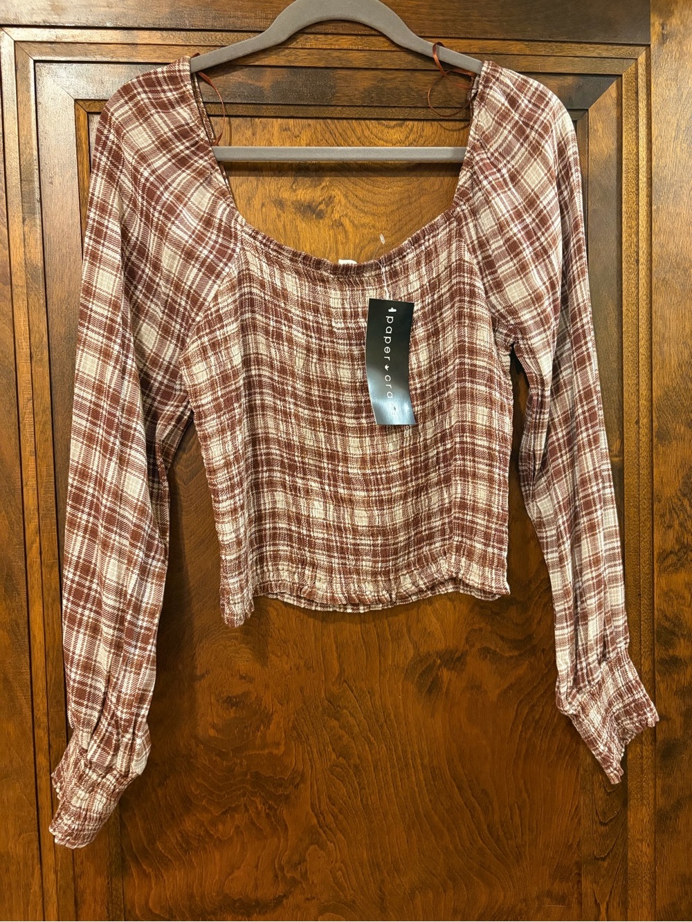 Paper Crane Rust and Cream Plaid Cropped Square-Neck Top